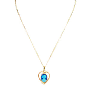 Heart pendant necklace with Virgin Mary cameo in blue enamel, gold-tone chain