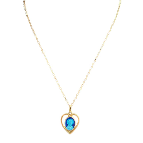 Heart pendant necklace with Virgin Mary cameo in blue enamel, gold-tone chain