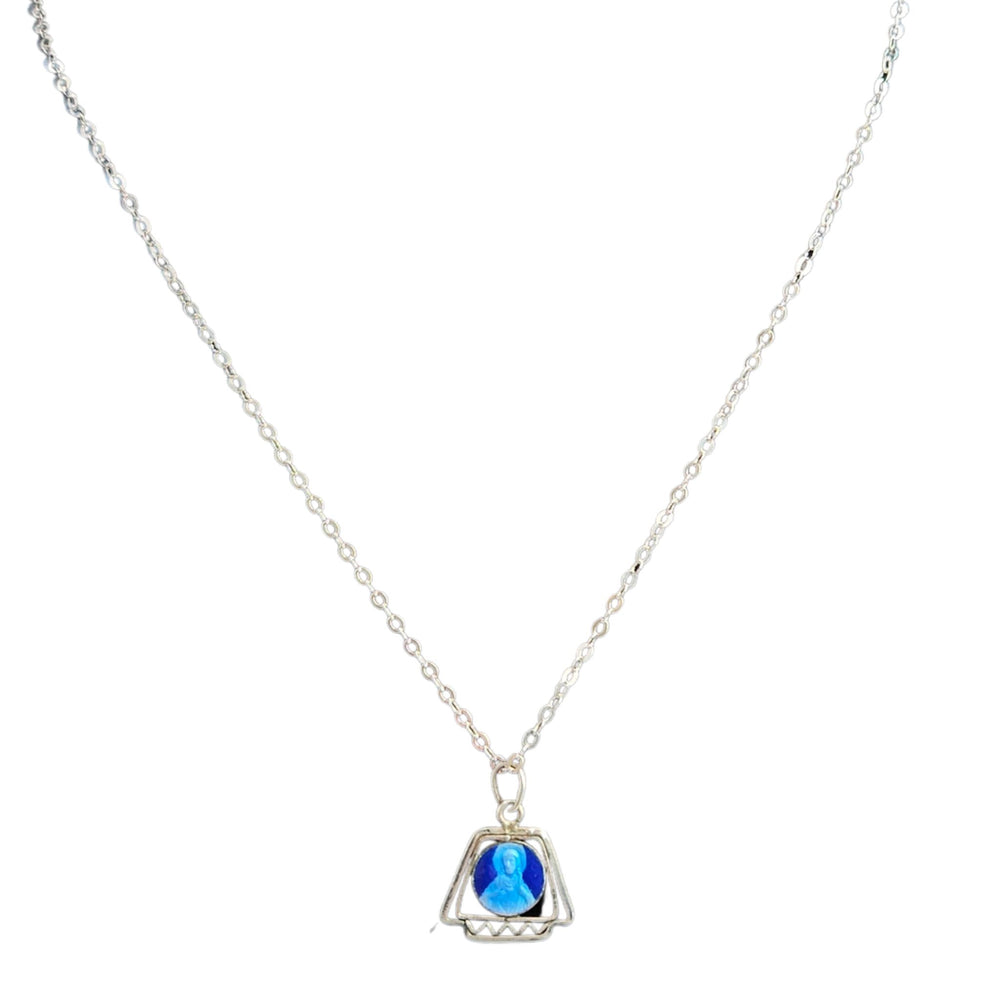 Silvertone pendant necklace with blue Virgin Mary cameo in triangular frame