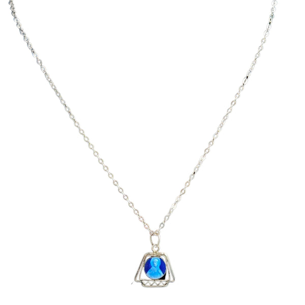 Silvertone pendant necklace with blue Virgin Mary cameo in triangular frame