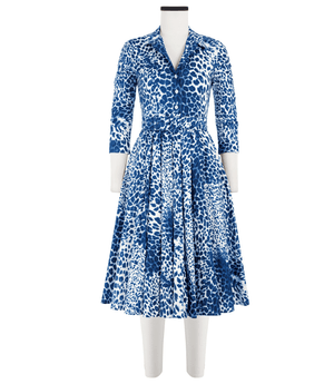 Blue and white leopard-print long dress with V-neck, 3/4 sleeves, button front, flared skirt