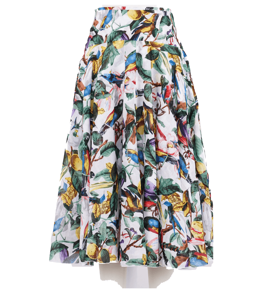 Printed midi skirt with yoke, gathered waist, multicolor bird and leaf pattern