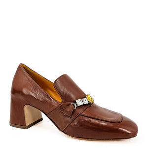 Cognac leather mid-heel loafer, angled view, jeweled buckle detail