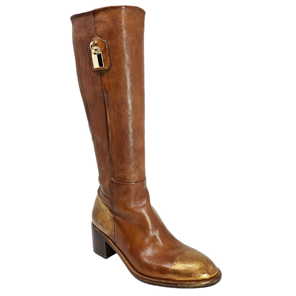 Cognac tall leather lock boot with gold-tone buckle detail and low block heel
