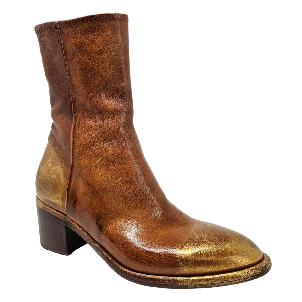 Cognac hand-rubbed ankle boot with stacked block heel, almond toe, pull-on shaft