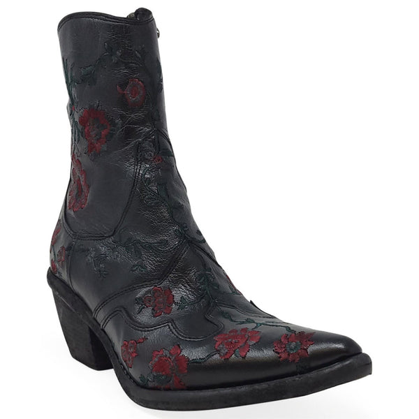 Black leather ankle boot with red floral embroidery and pull-on design
