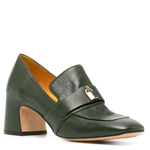 Dark green leather loafer, slip-on style with gold buckle detail and block heel