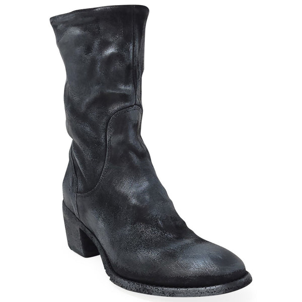 Mid-calf suede boot with block heel, dark metallic finish and curved seam lines