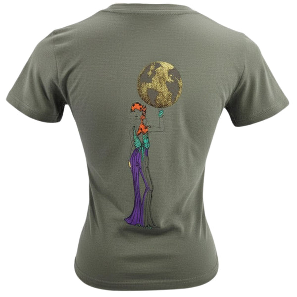 Khaki T-shirt with back globe and girl graphic