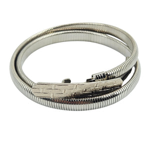 Silver snake stretch belt with coiled metal loops and small metal clasp