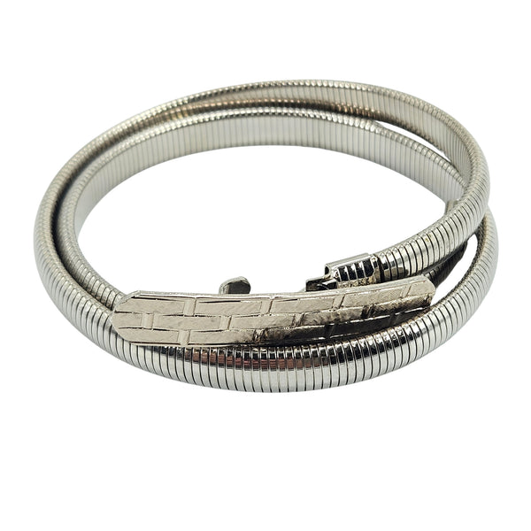 Silver snake stretch belt with coiled metal loops and small metal clasp