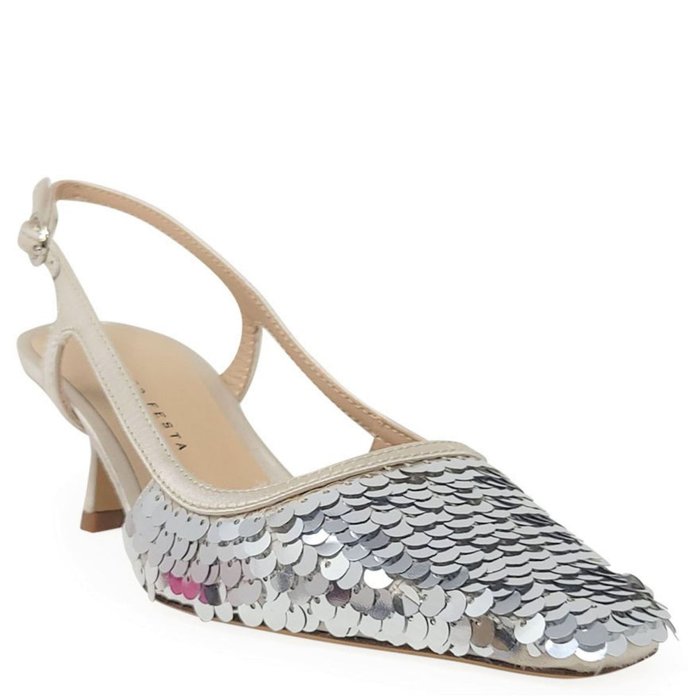 Silver sequined slingback snip-toe heel with thin ankle strap
