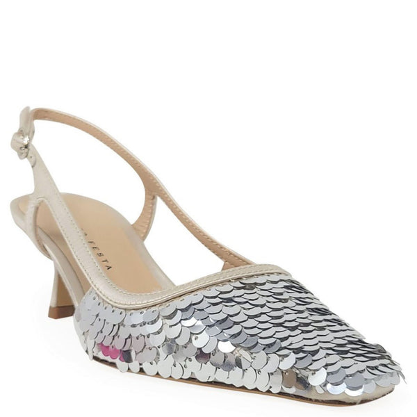 Silver sequined slingback pointed toe heel with ankle strap, side view