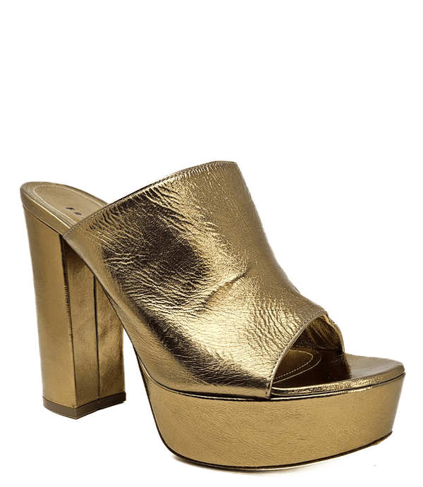 Gold open-toe platform sandal with metallic upper and wide block heel