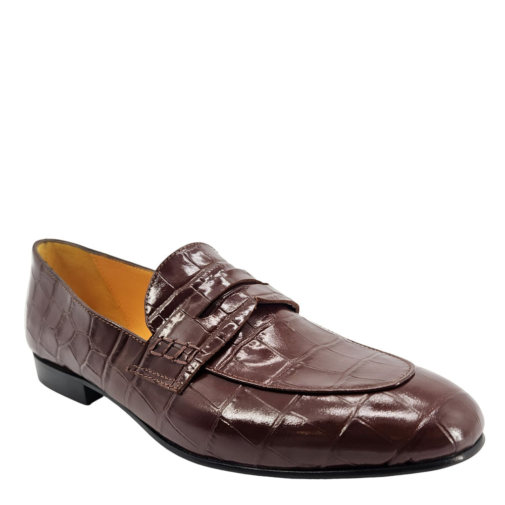 Chocolate-brown croc-embossed leather flat loafer with moc toe and strap detail