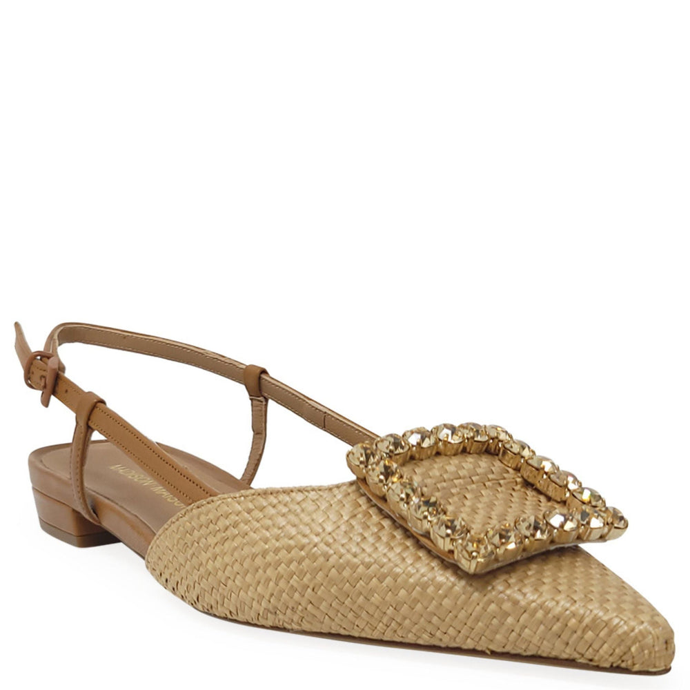 Beige woven slingback flat with ankle strap, low block heel, and gold jeweled detail