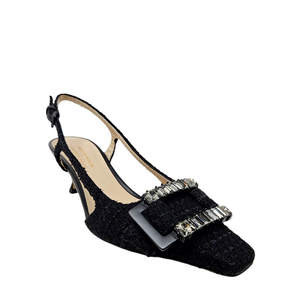 Black slingback high-heel pump with textured fabric and pointed toe, side view