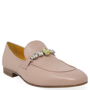 Light pink leather loafer with jeweled strap detail and low block heel