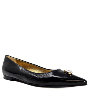 Black pointed ballet flats, side profile with gold jewel buckle detail