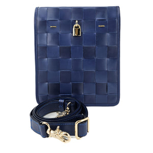 Navy woven leather crossbody bag with gold lock and detachable strap