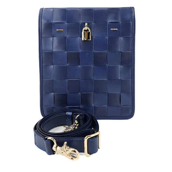 Navy woven leather crossbody bag with gold lock and detachable strap