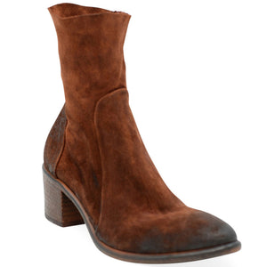 Tan suede ankle boot with stacked block heel and side panel details