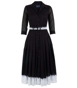 Black long button-front dress with collar, gathered skirt, and white hem border