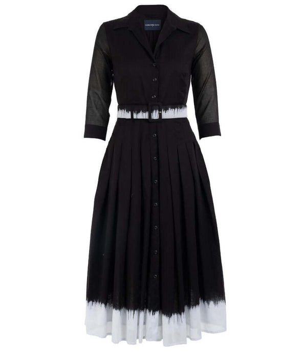 Black long button-front dress with collar, gathered skirt, and white hem border