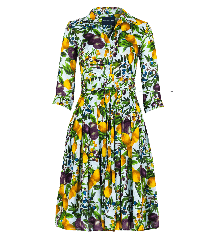Long Audrey dress in white fruit botanical print, button front, 3/4 sleeves, belted waist