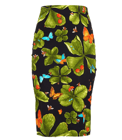 Chloe black regular skirt with green leaf and butterfly print, knee-length, straight fit