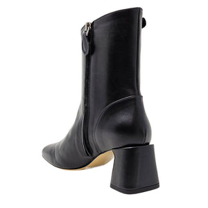 Black leather ankle boot with back zipper and rounded toe