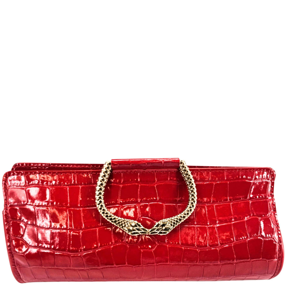 Red croc-embossed leather clutch with glossy finish and gold chain top handle