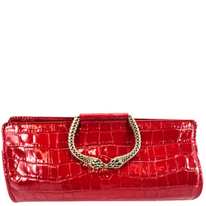 Red croc-embossed leather clutch with glossy finish and gold chain top handle