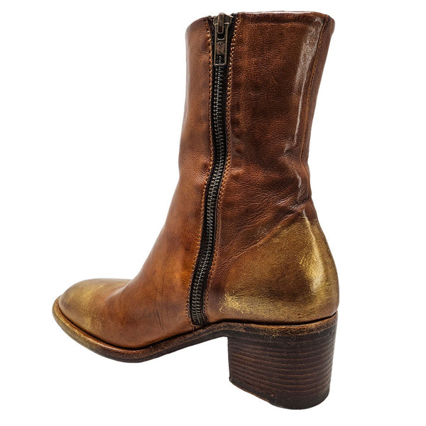 Cognac hand-rubbed ankle boot with side zipper, stacked block heel, leather upper