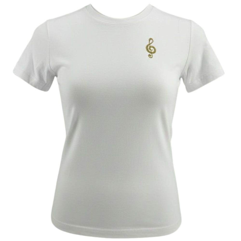 White crew-neck t-shirt with gold music note graphic on chest.
