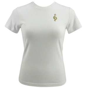 White crew-neck t-shirt with gold music note graphic on chest.