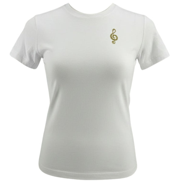 White crew-neck t-shirt with gold music note graphic on chest.