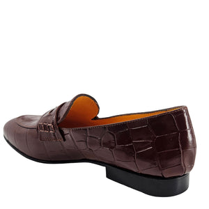 Chocolate-brown croc-embossed leather moc toe loafer with strap detail and block heel