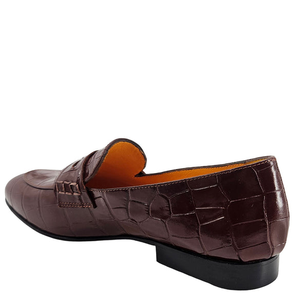 Chocolate-brown croc-embossed leather moc toe loafer with strap detail and block heel