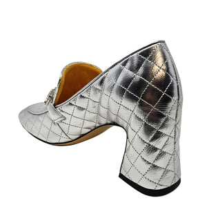 Silver quilted leather loafer, back angle, block heel and decorative strap