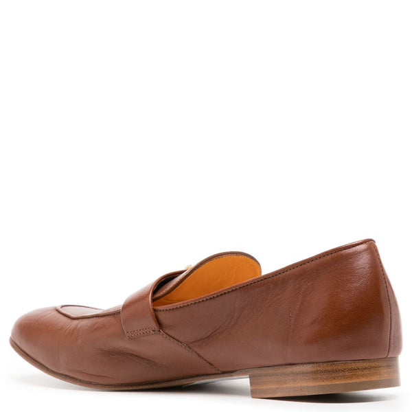 Tan leather flat loafer back view with low heel and stitched vamp seam