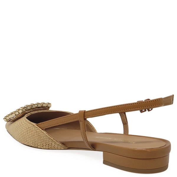 Beige pointed-toe slingback flat with ankle strap and low block heel, woven texture
