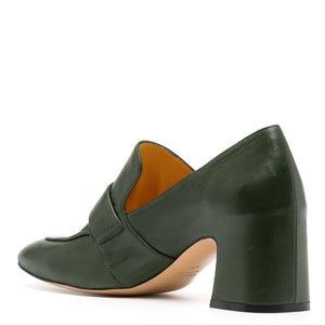 Dark green leather loafer with squared toe, side strap, and low block heel