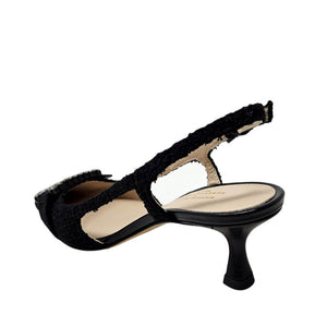 Black slingback high-heel sandals with slingback strap and pointed toe, side view