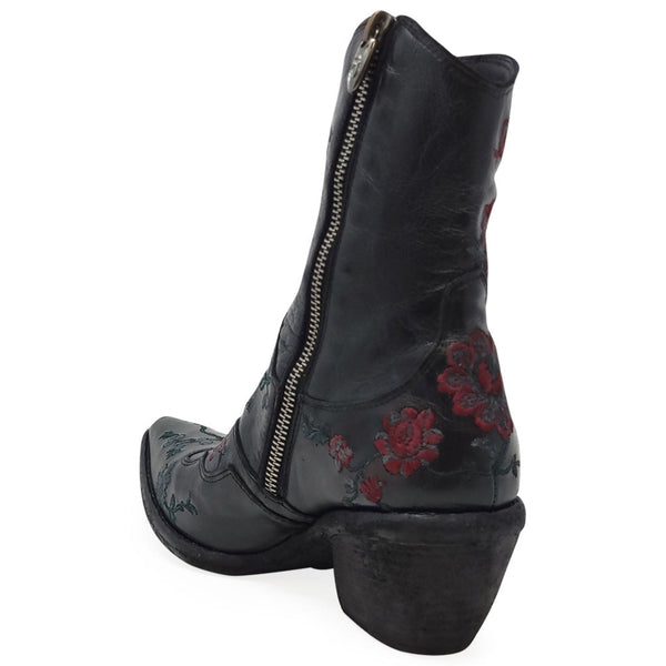 Black leather ankle boot with side zipper and red floral embroidery