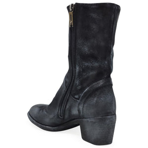 Mid-calf suede boot with side zipper, block heel, dark metallic finish