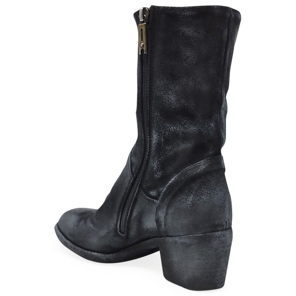 Mid-calf suede boot with side zipper, block heel, dark metallic finish