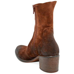 Tan suede ankle boot with side zipper and stacked block heel
