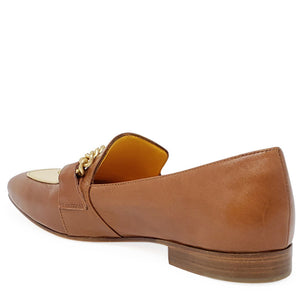 Tan flat loafer rear view with cream lining and gold chain detail