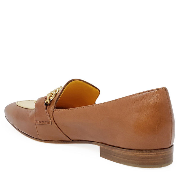 Tan flat loafer rear view with cream lining and gold chain detail
